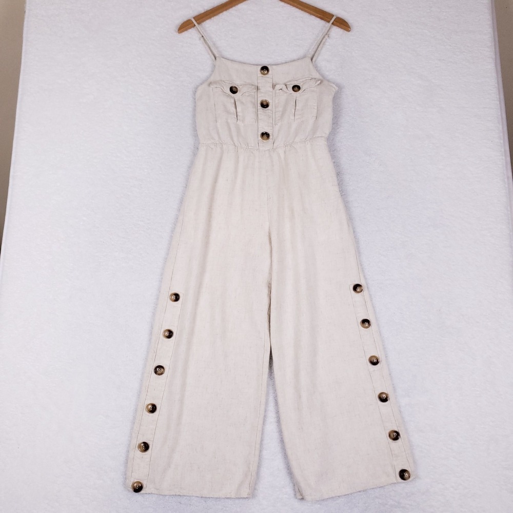 Scrap-Work Boutique Jumpsuit Small Beige Wide Leg Linen Look Side Button‎ Boho